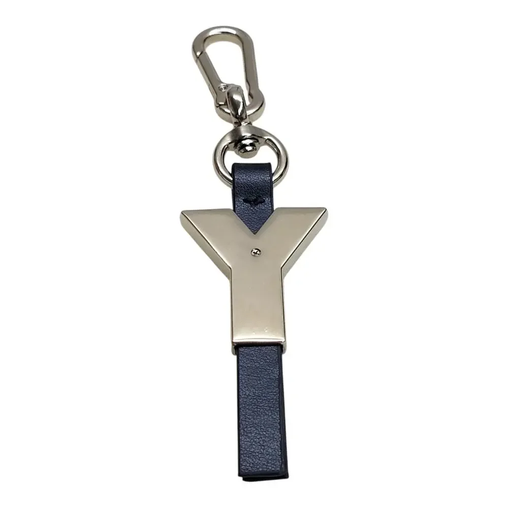 YSL Yves Saint Laurent Parfums Y Logo Silver Metal Leather Key Ring Bag Charm